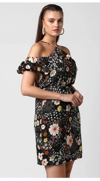 Mayawye Women's Polyester Floral Cold Shoulder Above Knee Dress (Black)