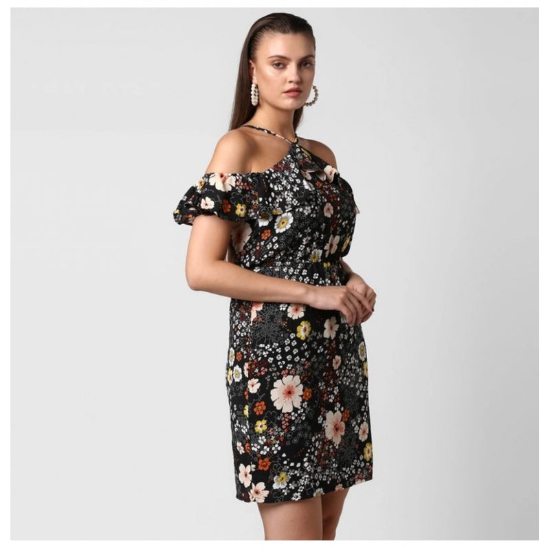 Mayawye Women's Polyester Floral Cold Shoulder Above Knee Dress (Black)