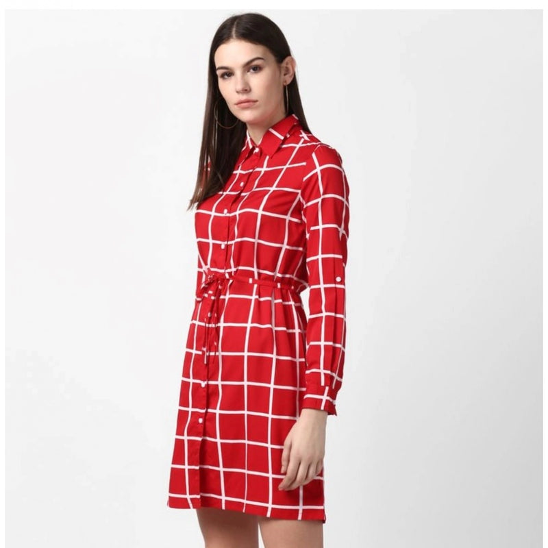 Mayawye Women's Polyester Checkered Long Sleeves Above Knee Dress (Red)