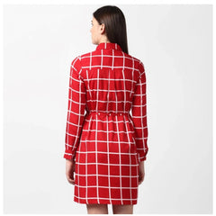 Mayawye Women's Polyester Checkered Long Sleeves Above Knee Dress (Red)