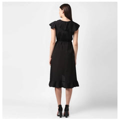 Mayawye Women's Polyester Ruffled Cap Sleeve Knee-Length Dress (Black)