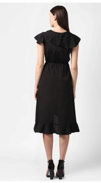 Mayawye Women's Polyester Ruffled Cap Sleeve Knee-Length Dress (Black)