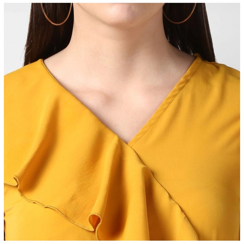 Mayawye Women's Polyester Ruffled Cap Sleeve Knee-Length Dress (Yellow)
