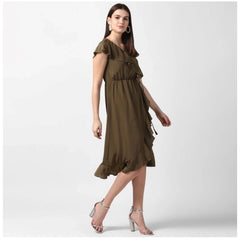 Mayawye Women's Polyester Ruffled Cap Sleeve Knee-Length Dress (Olive)