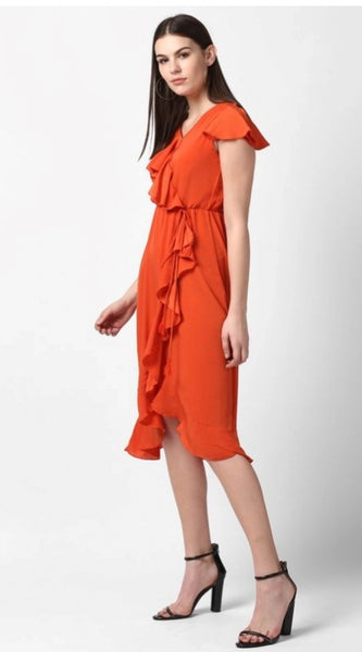 Mayawye Women's Polyester Ruffled Cap Sleeve Knee-Length Dress (Orange)