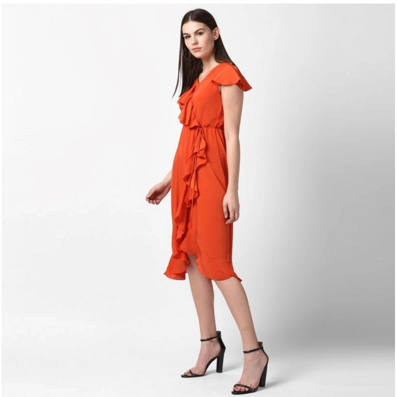 Mayawye Women's Polyester Ruffled Cap Sleeve Knee-Length Dress (Orange)