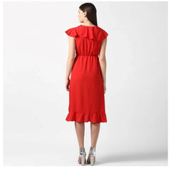 Mayawye Women's Polyester Ruffled Cap Sleeve Knee-Length Dress (Red)