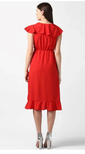 Mayawye Women's Polyester Ruffled Cap Sleeve Knee-Length Dress (Red)