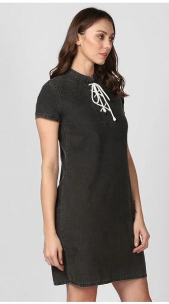 Mayawye Women's Denim Solid Short Sleeve Above Knee Dress (Black)
