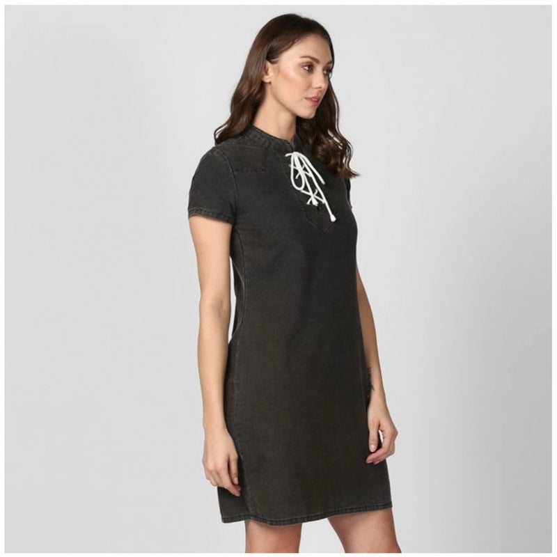 Mayawye Women's Denim Solid Short Sleeve Above Knee Dress (Black)