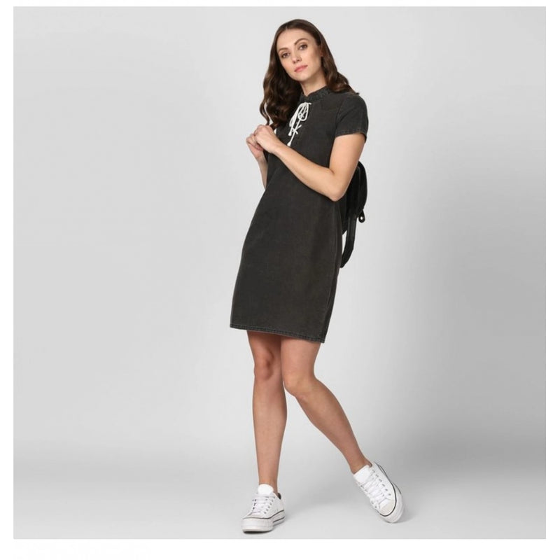 Mayawye Women's Denim Solid Short Sleeve Above Knee Dress (Black)