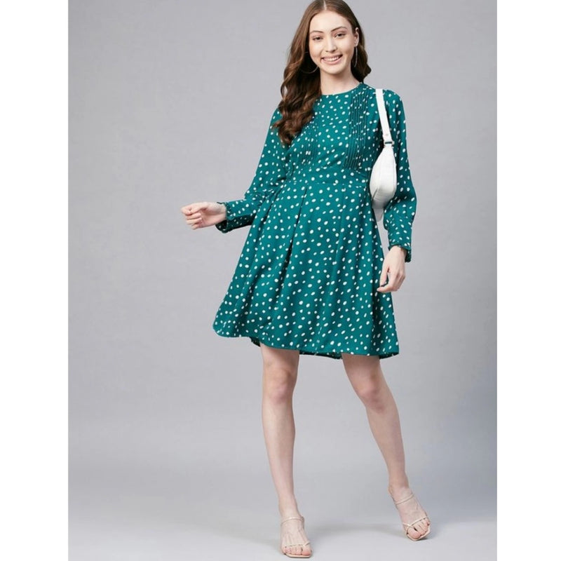 Mayawye Women's Polyester Polka Long Sleeves Above Knee Dress (Green - White)