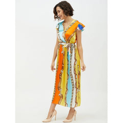 Mayawye Women's Satin Chain Print Cap Sleeve Calf-length Dress (Multicolor)
