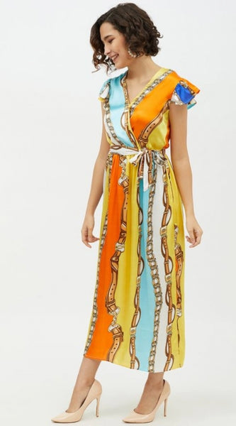 Mayawye Women's Satin Chain Print Cap Sleeve Calf-length Dress (Multicolor)