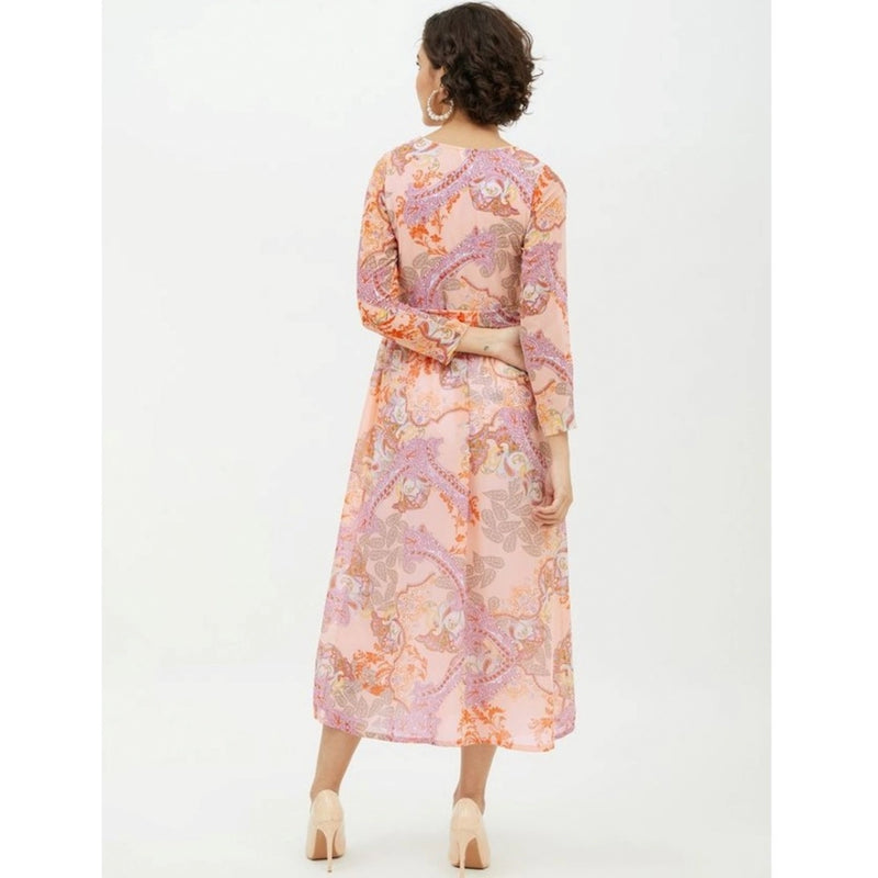 Mayawye Women's Polyester Printed Long Sleeves Calf-length Dress (Multicolor)