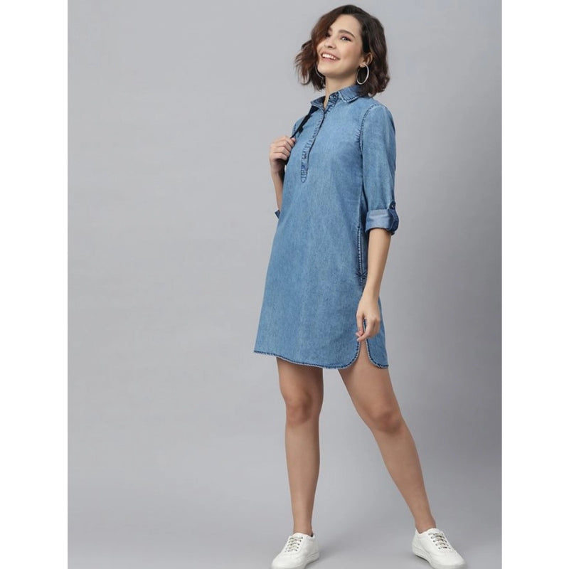 Mayawye Women's Denim Solid Long Sleeves Above Knee Dress (Ice Blue)