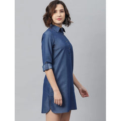 Mayawye Women's Denim Solid Long Sleeves Above Knee Dress (Navy Blue)