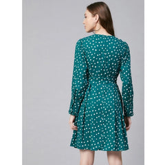 Mayawye Women's Polyester Polka Long Sleeves Above Knee Dress (Green - White)