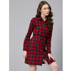 Mayawye Women's Cotton Checkered Long Sleeves Above Knee Dress (Red - Black)