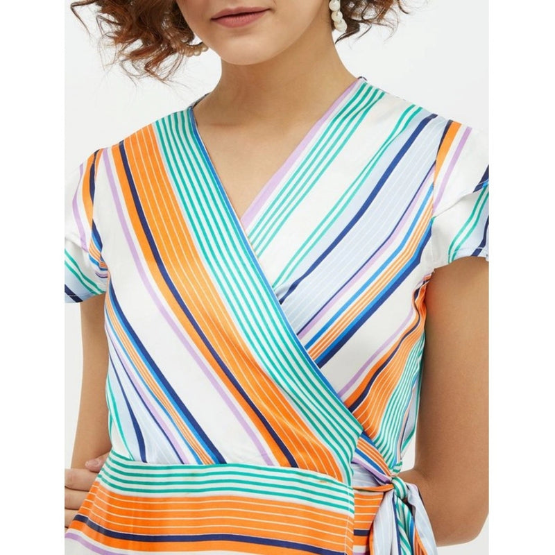 Mayawye Women's Satin Striped Short Sleeve Knee-Length Dress (Multicolor)
