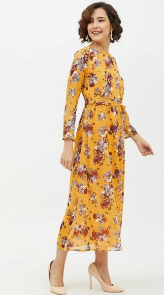 Mayawye Women's Polyester Floral Long Sleeves Calf-length Dress (Multicolor)