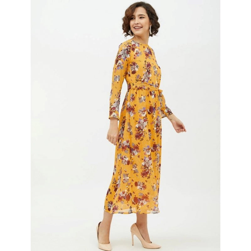 Mayawye Women's Polyester Floral Long Sleeves Calf-length Dress (Multicolor)