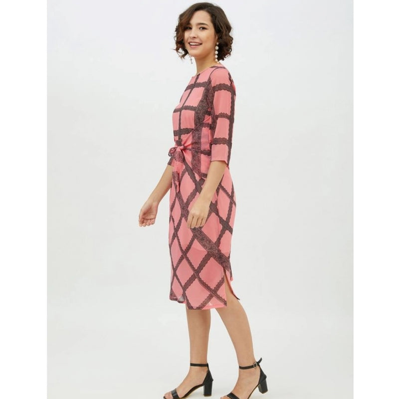 Mayawye Women's Polyester Checkered 3-4th Sleeves Below Knee Dress (Pink)