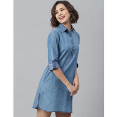 Mayawye Women's Denim Solid Long Sleeves Above Knee Dress (Ice Blue)