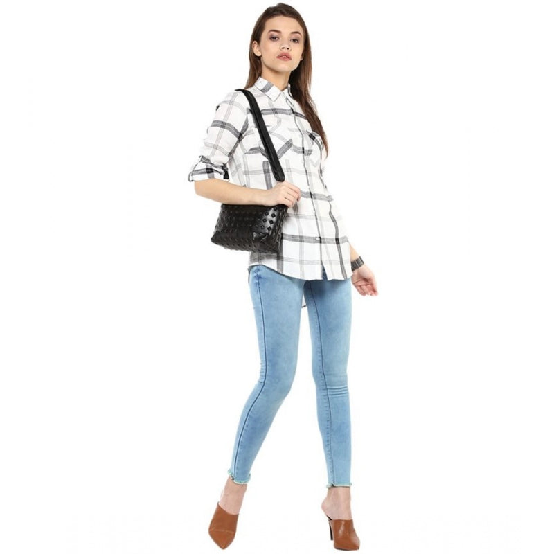 Mayawye Women's Rayon Checkered Long Sleeves Standard Length Shirt (Black - White)