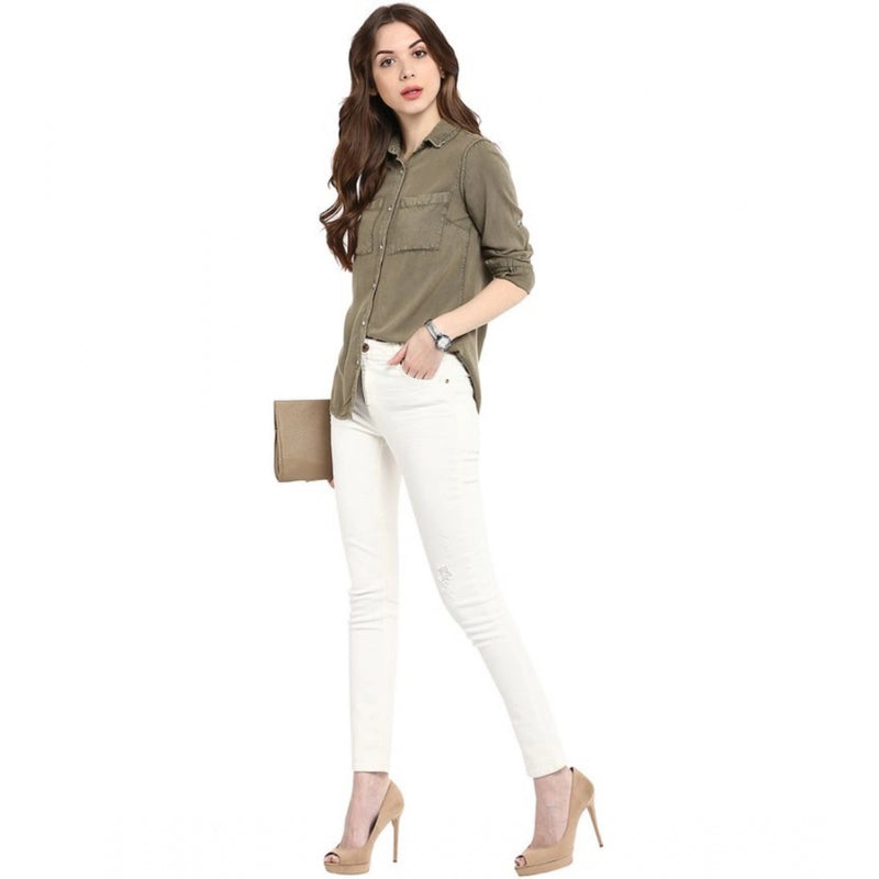 Mayawye Women's Rayon Solid Long Sleeves Standard Length Shirt (Olive Green)