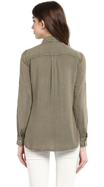 Mayawye Women's Rayon Solid Long Sleeves Standard Length Shirt (Olive Green)