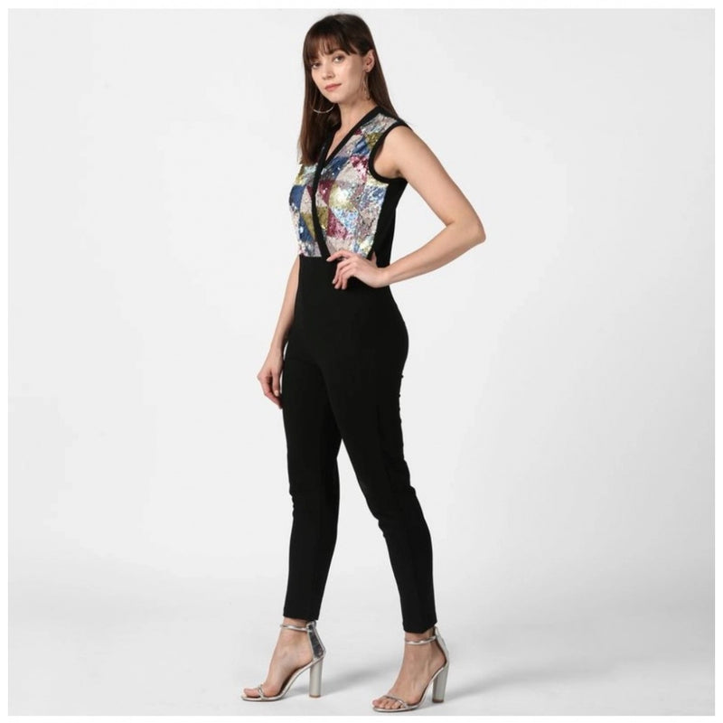 Mayawye Women's Polyester Embellished Sleeveless Jumpsuit (Black)
