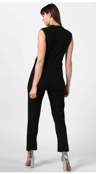 Mayawye Women's Polyester Embellished Sleeveless Jumpsuit (Black)