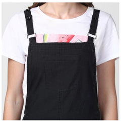 Mayawye Women's Denim Solid Shoulder Straps Above Knee Dungaree (Black)