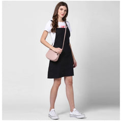 Mayawye Women's Denim Solid Shoulder Straps Above Knee Dungaree (Black)