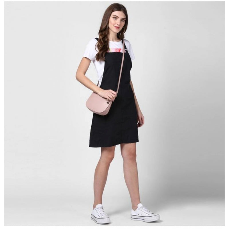 Mayawye Women's Denim Solid Shoulder Straps Above Knee Dungaree (Black)