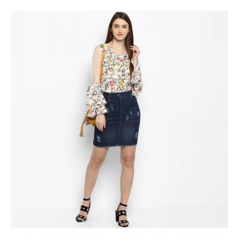 Mayawye Women's Denim Distressed Buttoned Skirt (Blue)