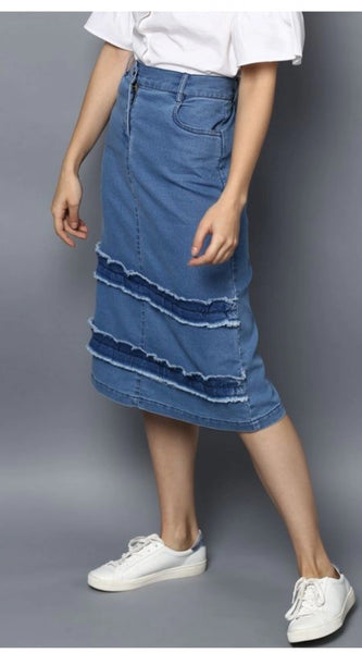 Mayawye Women's Denim Washed Buttoned Skirt (Blue)