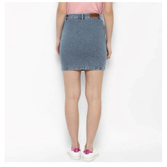 Mayawye Women's Denim Draw String Buttoned Skirt (Blue)