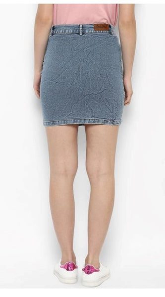Mayawye Women's Denim Draw String Buttoned Skirt (Blue)