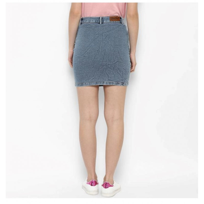 Mayawye Women's Denim Draw String Buttoned Skirt (Blue)