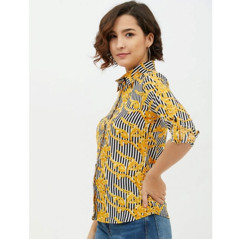 Mayawye Women's Polyester Printed Roll Up Sleeve Standard Length Shirt (Mustared)