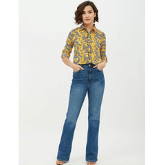 Mayawye Women's Polyester Printed Roll Up Sleeve Standard Length Shirt (Mustared)