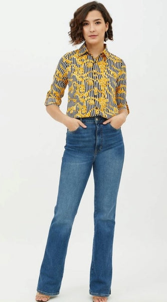 Mayawye Women's Polyester Printed Roll Up Sleeve Standard Length Shirt (Mustared)