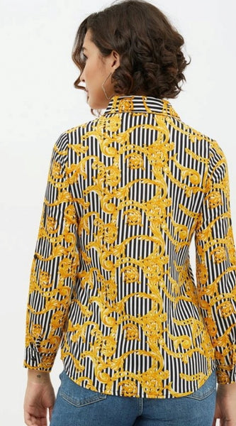 Mayawye Women's Polyester Printed Roll Up Sleeve Standard Length Shirt (Mustared)