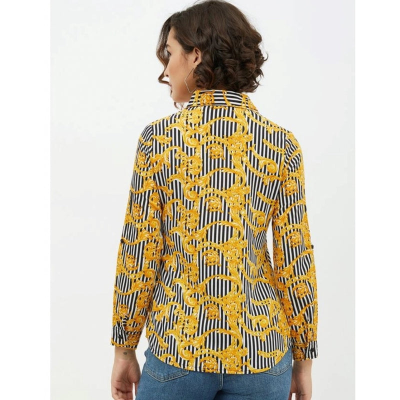 Mayawye Women's Polyester Printed Roll Up Sleeve Standard Length Shirt (Mustared)
