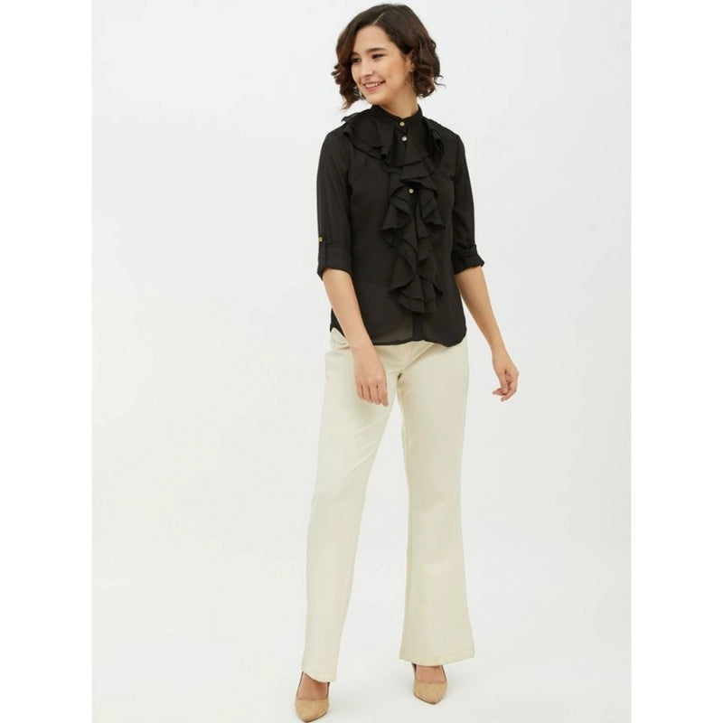 Mayawye Women's Polyester Ruffled Long Sleeves Standard Length Shirt (Black)