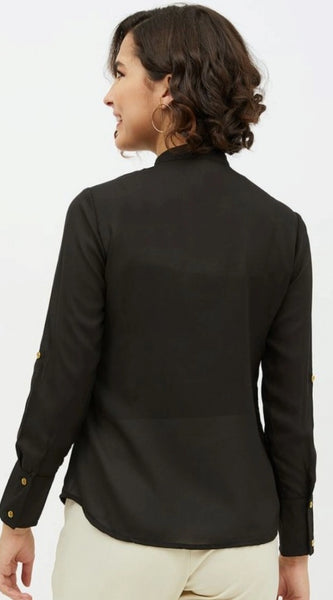 Mayawye Women's Polyester Ruffled Long Sleeves Standard Length Shirt (Black)