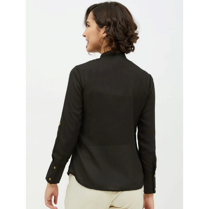 Mayawye Women's Polyester Ruffled Long Sleeves Standard Length Shirt (Black)