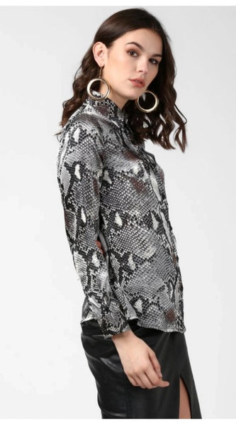 Mayawye Women's Satin Animal Print Long Sleeves Standard Length Shirt (Black - Grey)